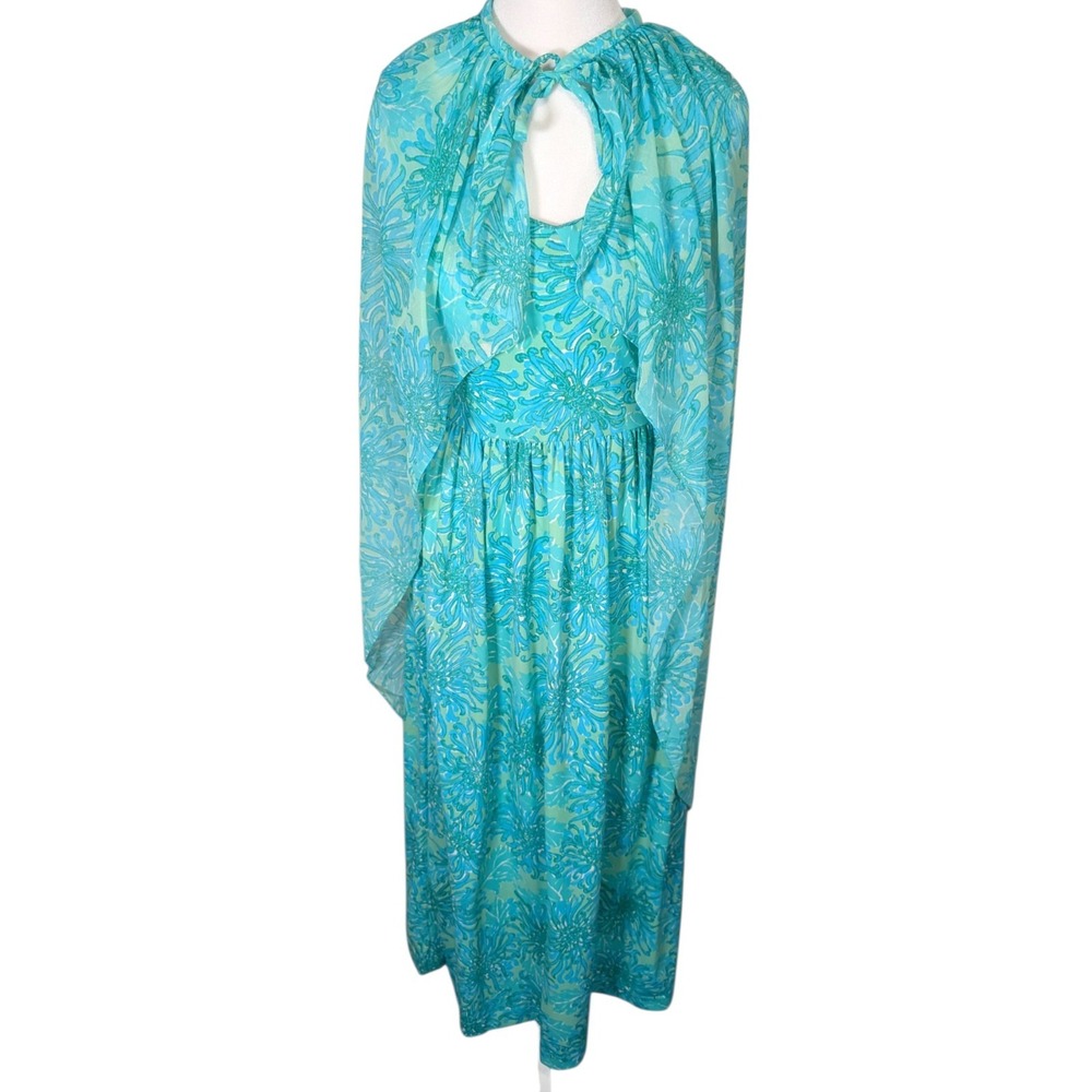 Vintage Vanda Fashions Key West Hand Print Dress with Cape Turquoise Floral 6